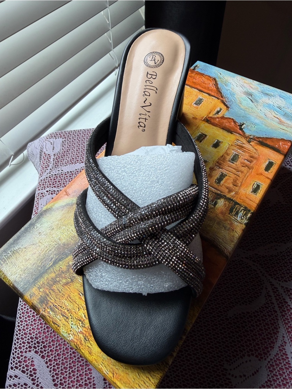Bella Vita Black Glitter Crystal Slide Sandal